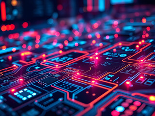 Futuristic and high-tech, a technological background with circuit boards and neon lights