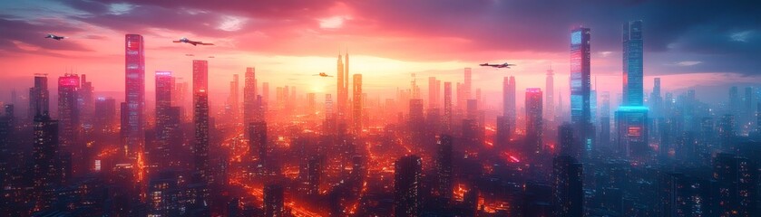 a panoramic cityscape at sunset, with a futuristic look. The city skyline features many tall buildings and skyscrapers
