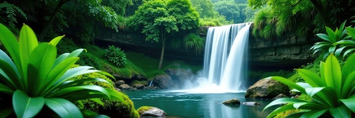 Waterfall cascades down amidst the dense foliage of a jungle, leafy greens, plant life