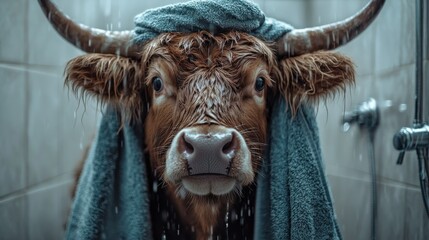 This whimsical image features a cow in a shower wrapped in towels, blending humor with a surreal everyday scenario that captures the playful intersection of farm life and modernity.