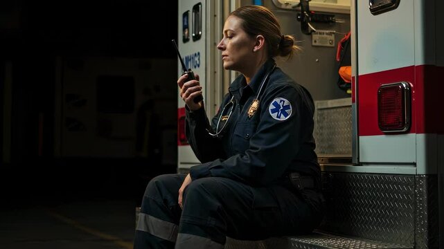 Paramedic, ambulance and woman in uniform sitting with radio at night for emergency medical service, rescue and healthcare, calm and professional responder on duty