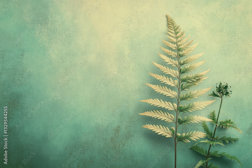 Poster elegant fern and delicate plant against a teal textured backdrop, creating a serene botanical image.