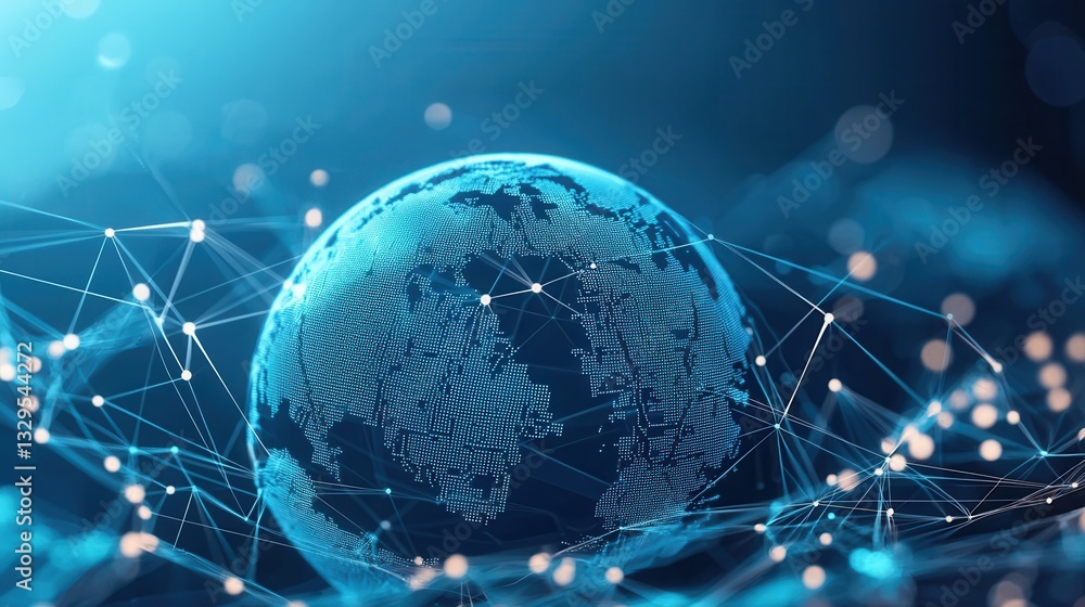 Poster an abstract digital artwork showcasing a luminous blue sphere surrounded by a dynamic network of glo
