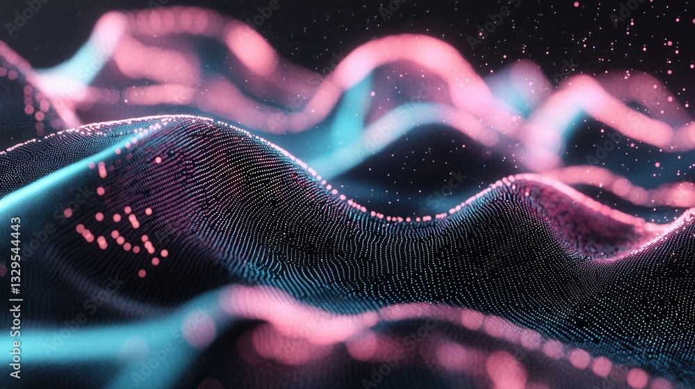 Poster vibrant mesmerizing abstract digital art featuring a dynamic display of glowing neon wave lines in a