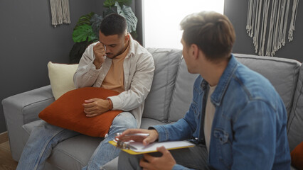 Two men in a cozy living room setting engage in therapy, highlighting friendship and emotional...