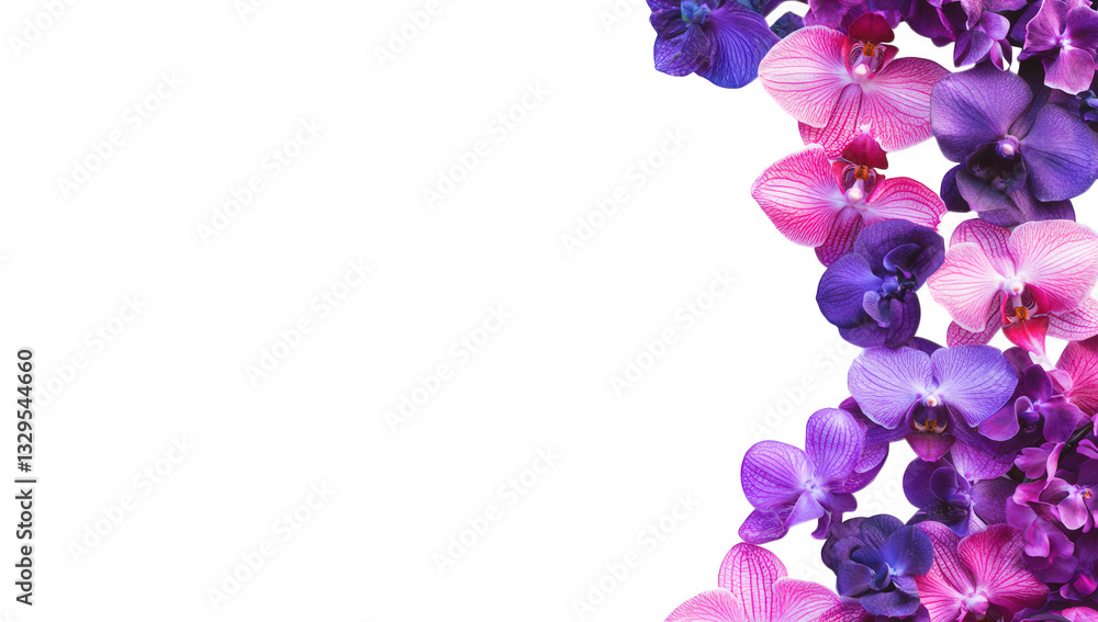 Poster purple and pink orchids on a white background creating a visually appealing frame that emphasizes be