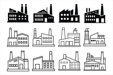 Set of building, factory silhouette, line art vector icon illustration on white background.