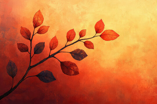 An autumnal branch with vibrant red and orange leaves against a warm, textured background.