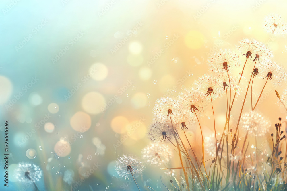 Poster soft sunlight illuminates fluffy dandelion seeds, gently floating on a dreamy, bokeh-filled backgrou