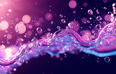 Abstract background with flowing water, bubbles, and vibrant colors. image features blend of purple and blue tones, creating dynamic and energetic atmosphere