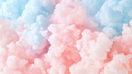 Fototapeta premium Colorful fluffy clouds fill the sky in pastel shades of pink and blue, creating a dreamy atmosphere during sunset
