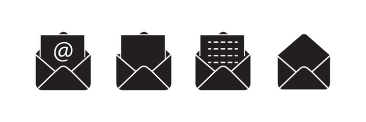 mail envelope icon set with marker new message isolated on white. Envelope icon set in black stroke Render email notification with letters, check mark,
