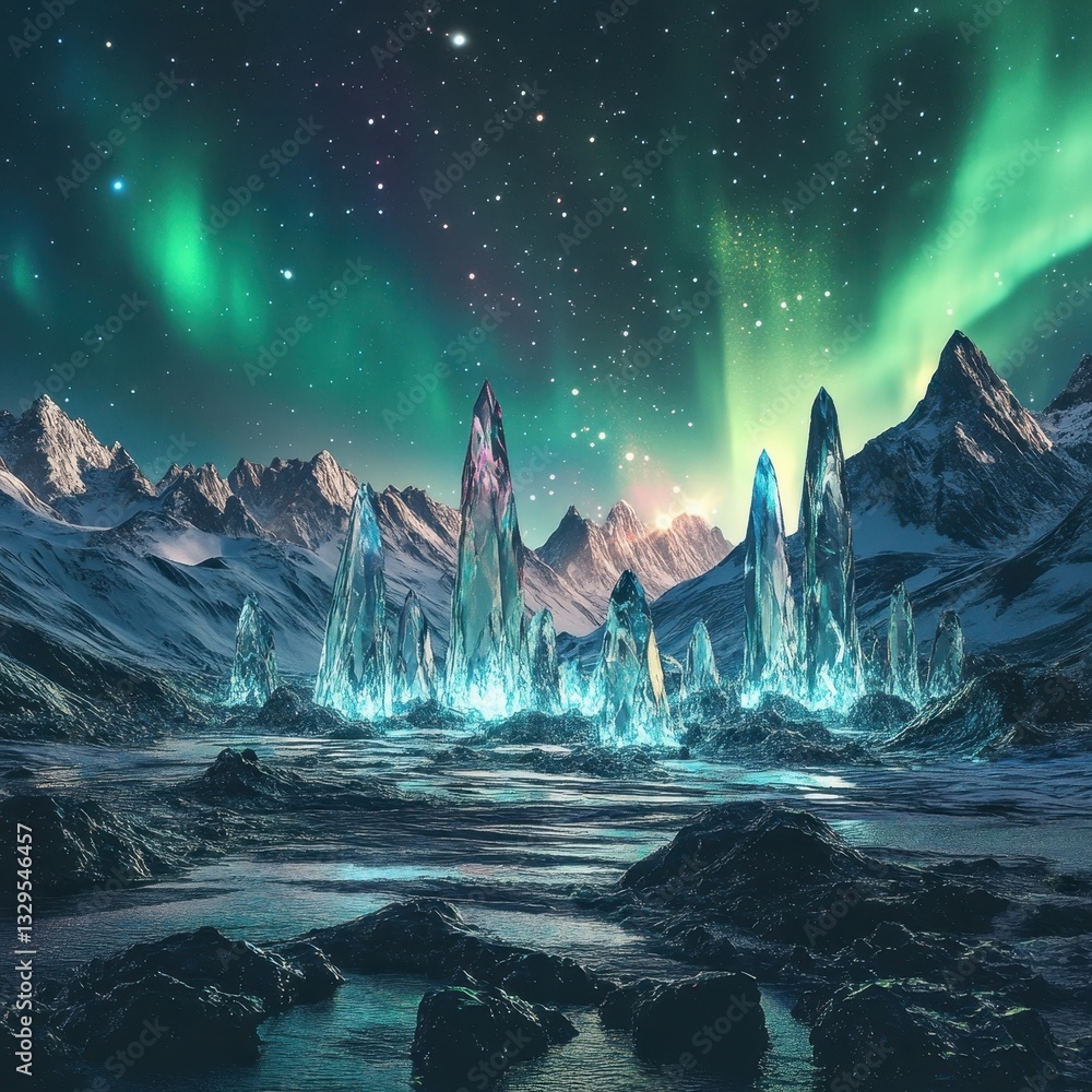 Poster crystalline alien mountains under binary star system with aurora borealis and floating crystal forma