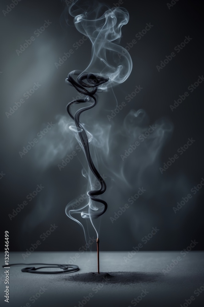 Poster incense stick producing swirling smoke patterns in low light setting