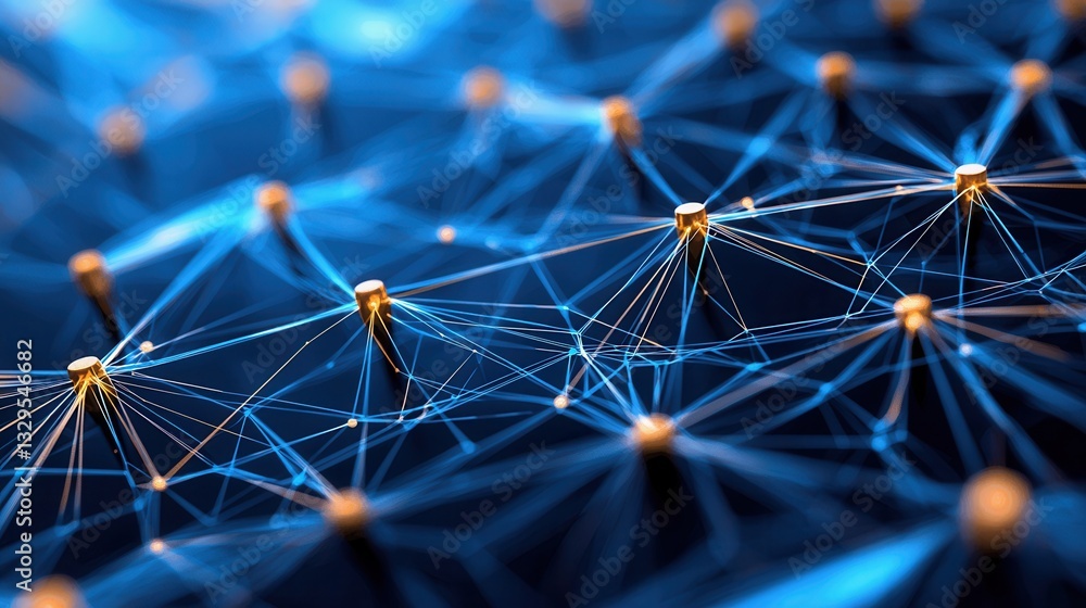 Poster an intricate interconnected digital grid with glowing nodes and lines against a deep blue backdrop c