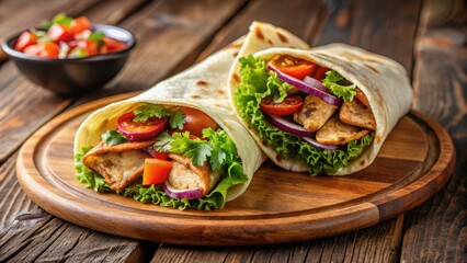 A juicy chicken kati roll with spicy filling inside a soft flatbread wrapped around it, served steaming hot on a wooden platter, Flatbread, Spicy Filling