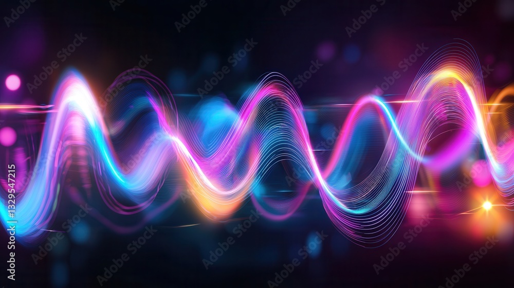 Poster vibrant pulsating digital sound waves flow in a dynamic futuristic design with neon like colors and 