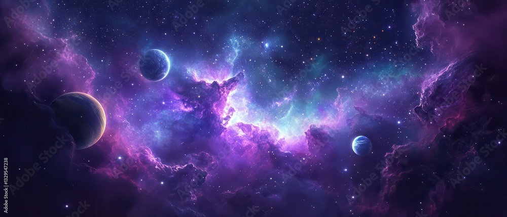 Poster deep space nebula exploration - celestial gas clouds with distant planets and star systems in cosmic