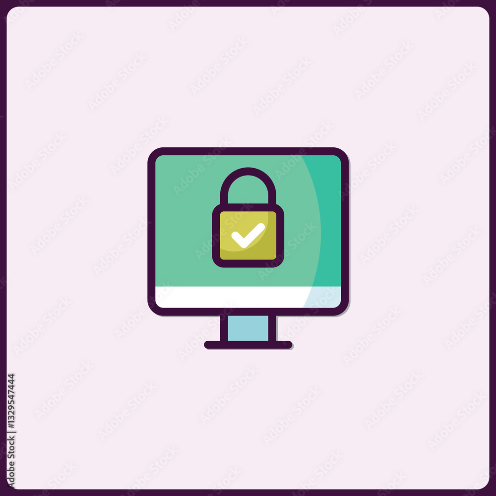 Poster secure system conceptual illustration featuring locked computer and a checkmark