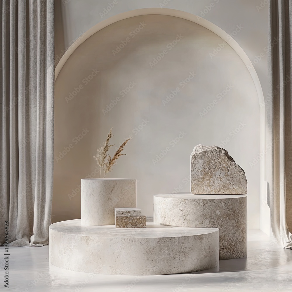 Aufkleber elegant minimalist product display with stone platforms and archway background