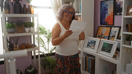 Elderly hispanic woman standing over isolated pink background smiling while holding a paper and talking on the phone surrounded by indoor plants and framed arts