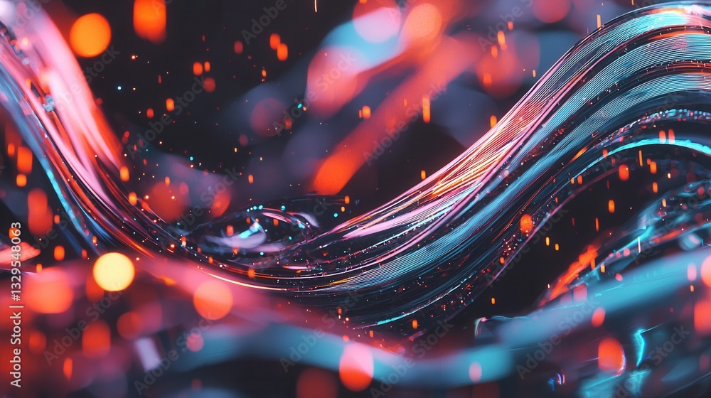 Poster mesmerizing abstract image featuring dynamic luminous waves of neon like light moving across a dark 