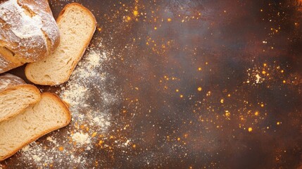 Sliced homemade bread sprinkled with flour sitting on a textured dark brown table