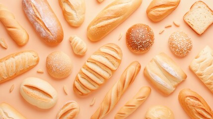 Assortment of baked goods on light orange background featuring baguettes, buns, loafs, and a croissant