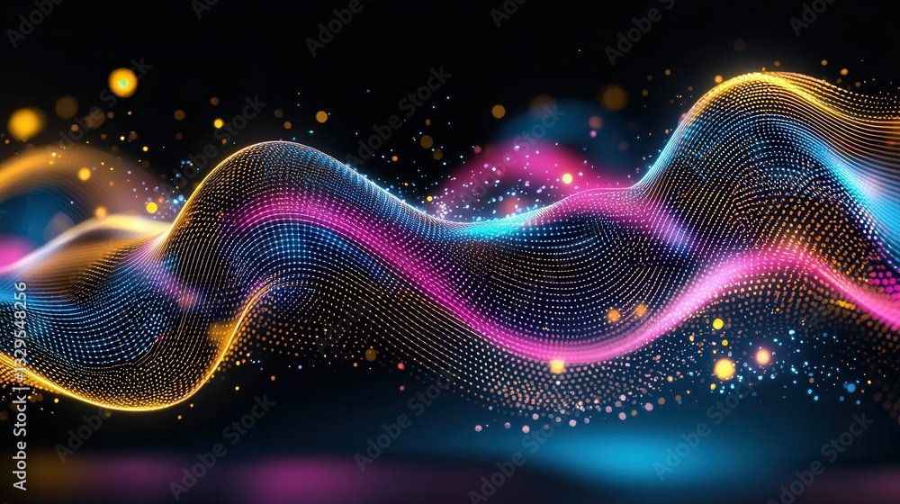 Poster vibrant and dynamic abstract composition featuring mesmerizing glowing neon waves and luminous parti