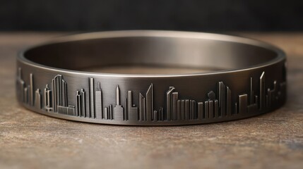 A metallic bracelet features an engraved miniature city skyline design