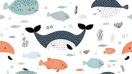 Whimsical Underwater Scene with Fish and Whales