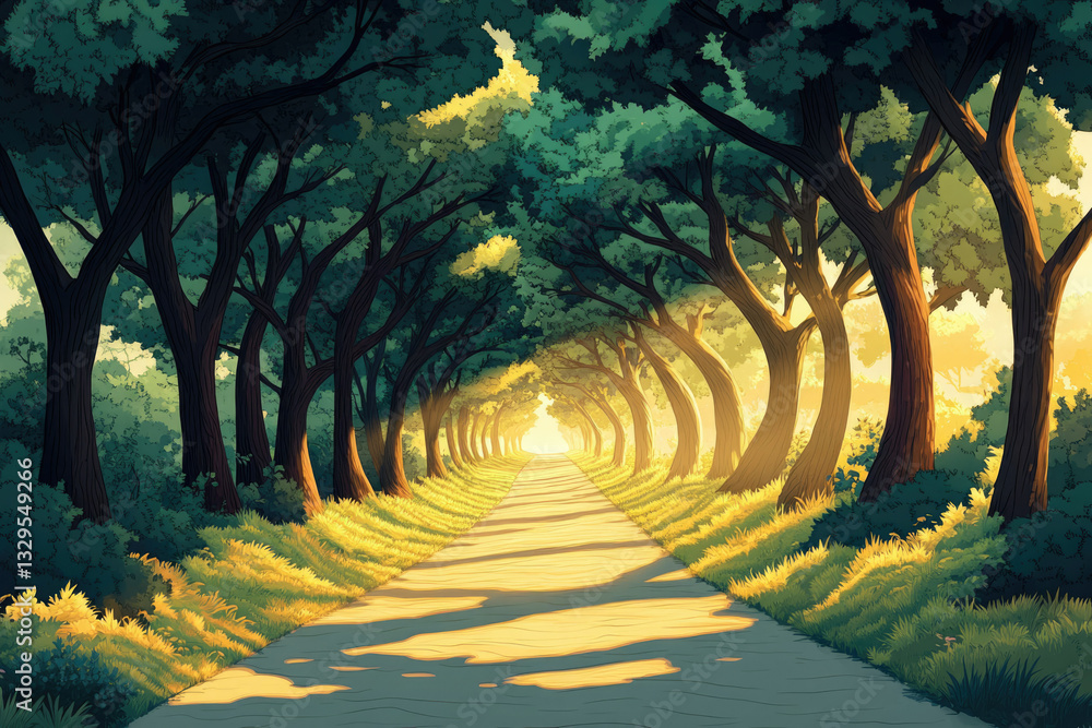 Poster sunlit path through a tunnel of trees, leading to a bright horizon.