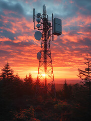 Torre de telecomunicaciones sobre la ciudad al atardecer