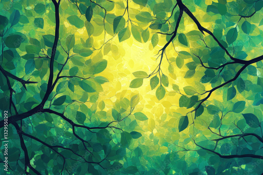 Poster Sunlight filters through lush green leaves, creating a vibrant canopy overhead.