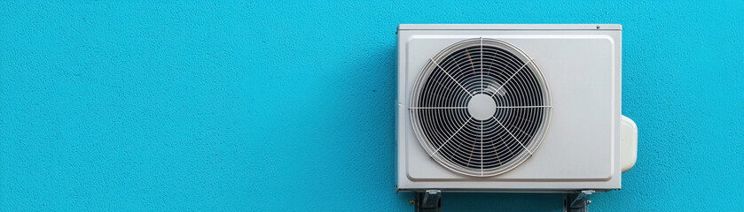 Efficient air conditioning unit mounted on vibrant blue wall, providing optimal home climate control and comfort