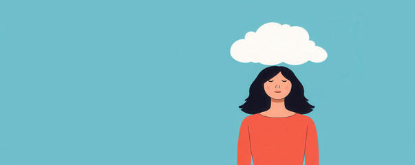 Mindfulness and self reflection for mental health improvement. woman with closed eyes and cloud above her head symbolizes thoughts and emotions