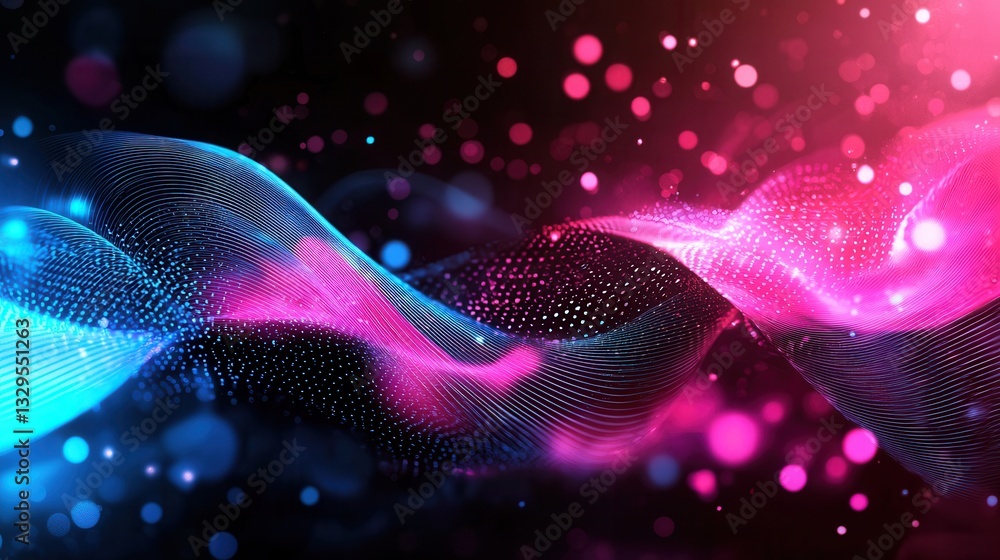 Poster futuristic abstract composition of luminous waves and dynamic particles in a spectrum of vibrant col