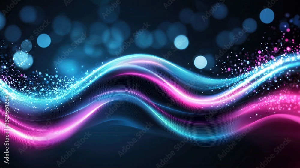 Poster captivating abstract design featuring dynamic luminous waves of vibrant pink and blue hues against a