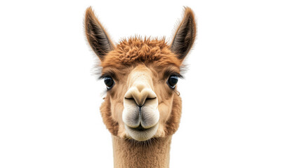 a close-up portrait of a llama showcasing its expressive face and large dark eyes against a plain white background. llama's unique features and friendly demeanor