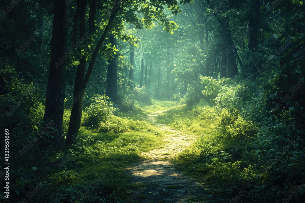 Poster sunlit path winds through a lush, green forest, creating a magical, serene atmosphere.