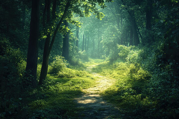 Obraz premium Sunlit path winds through a lush, green forest, creating a magical, serene atmosphere.