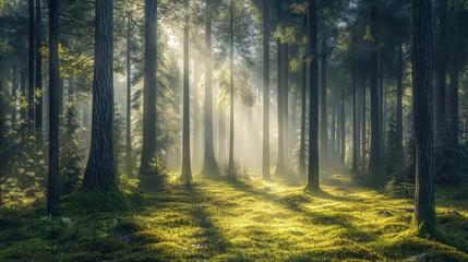 Fototapeta premium Enchanted Ancient Pine Forest at Dawn with Ethereal Morning Mist Creating Mystical Atmosphere