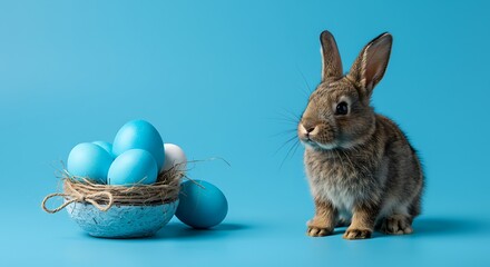 Obraz premium easter bunny and easter eggs isolated on blue background