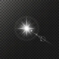 glow light effect. luminous element. a large star with a glow effect, iridescent sparks highlighted on a black background. vector transparent sunlight, lens flash effect or sun rays or spotlight flash