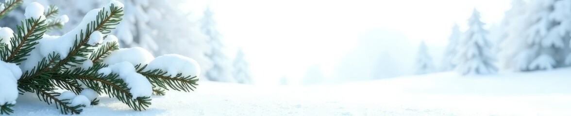 Snowy evergreen branches against a white background, snow, serene