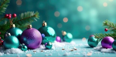 Fototapeta premium Teal and purple ornaments scattered around the Christmas landscape, holiday, decorations