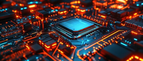 Obraz premium Close-up of a futuristic circuit board with glowing orange and blue components, showcasing a central processor unit.