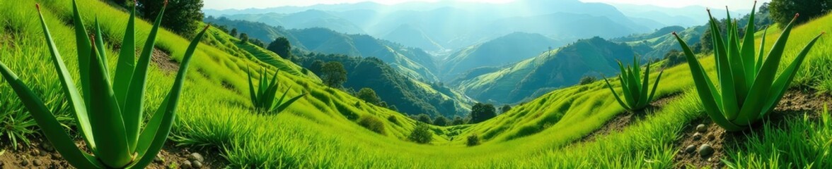 Fototapeta premium Terraced fields on a hillside covered with aloe vera plants, nature photography, field