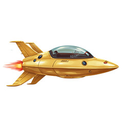 retro-futuristic ilustration of a yellow spaceship with a glass bubble cockpit