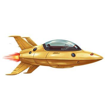 retro-futuristic ilustration of a yellow spaceship with a glass bubble cockpit